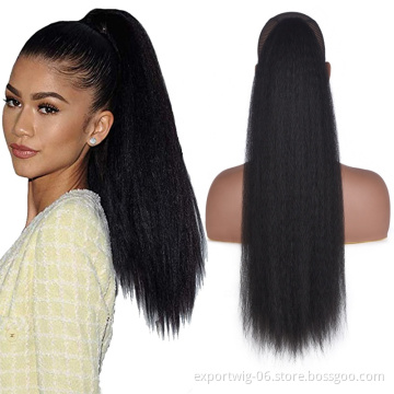 Afro Kinky Straight Long 22 Inch Drawstring Ponytail Hair Extension Clip Synthetic Hairpieces Yaki With Synthetic Hair Bun